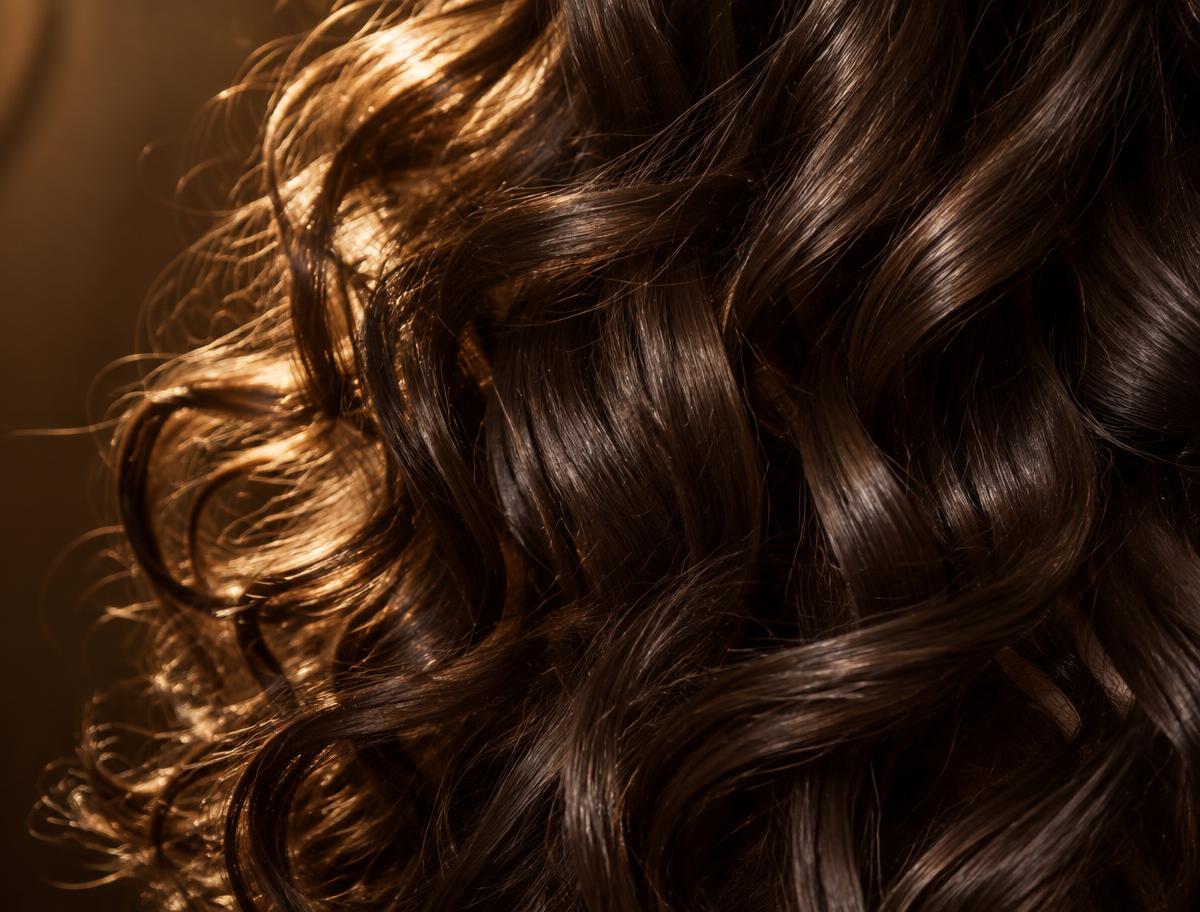 Close-up of glossy dark curls catching warm light