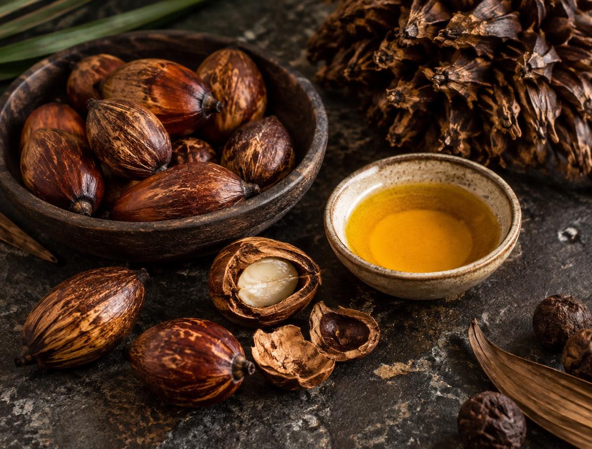 Palm nuts, cracked shells and a bowl of golden batana oil on dark stone